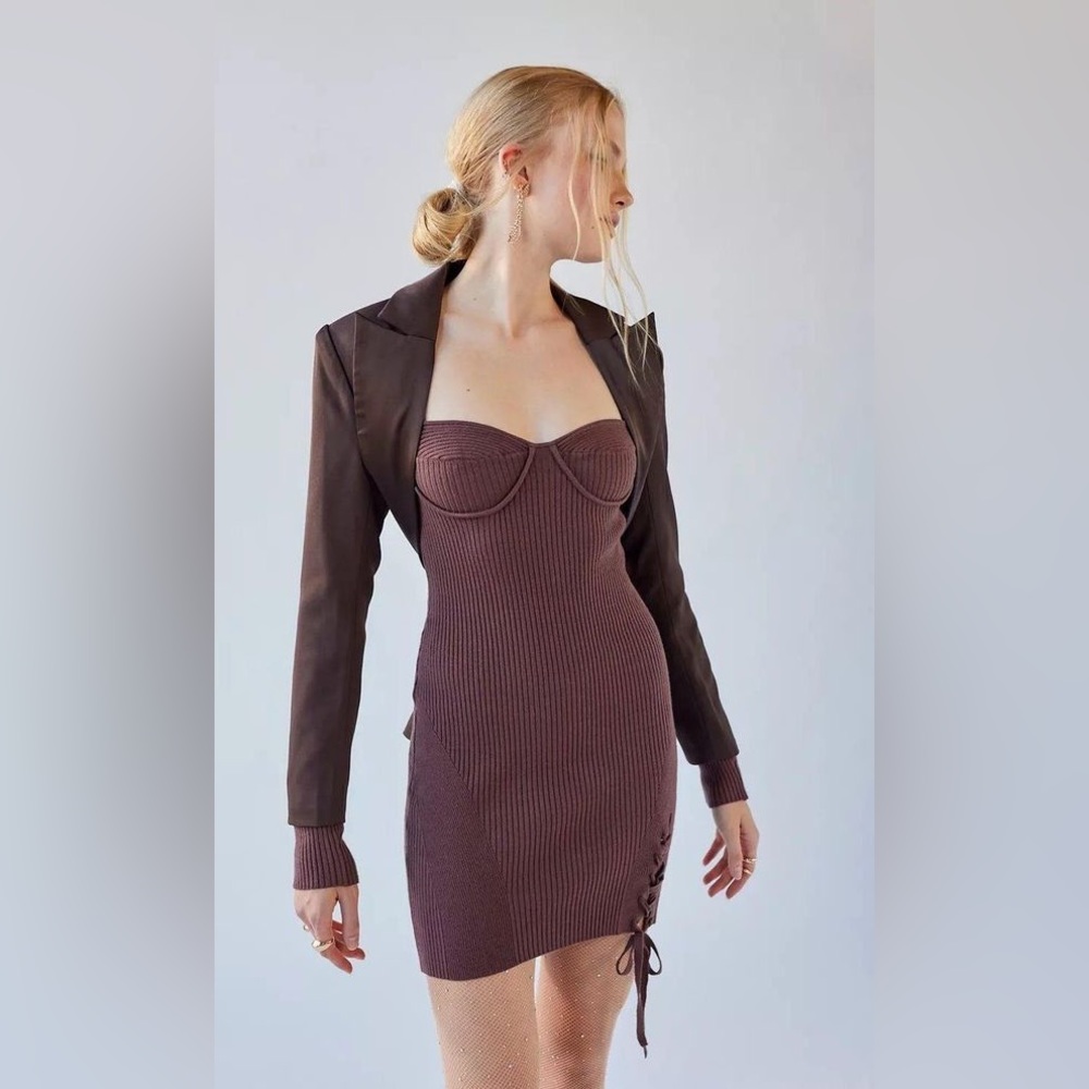 NWT Urban Outfitters Brown Jezebel Corset Ribbed Mini Dress